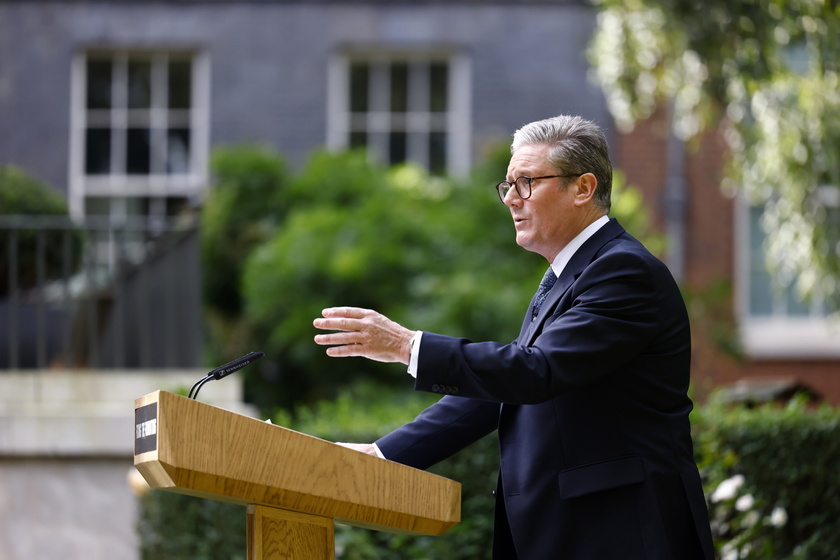 British Prime Minister Starmer gives a speech in Downing Street garden