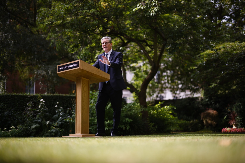 British Prime Minister Starmer gives a speech in Downing Street garden