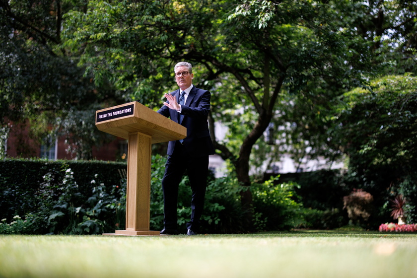 British Prime Minister Starmer gives a speech in Downing Street garden