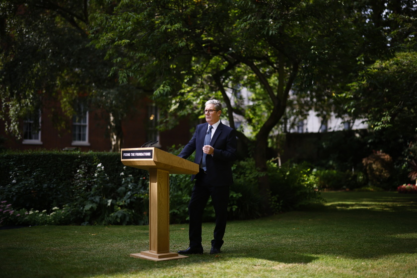 British Prime Minister Starmer gives a speech in Downing Street garden