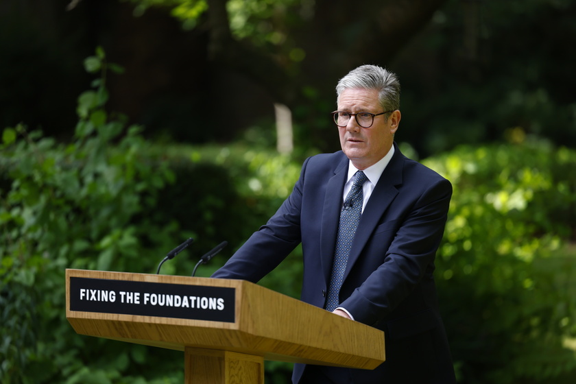 British Prime Minister Starmer gives a speech in Downing Street garden