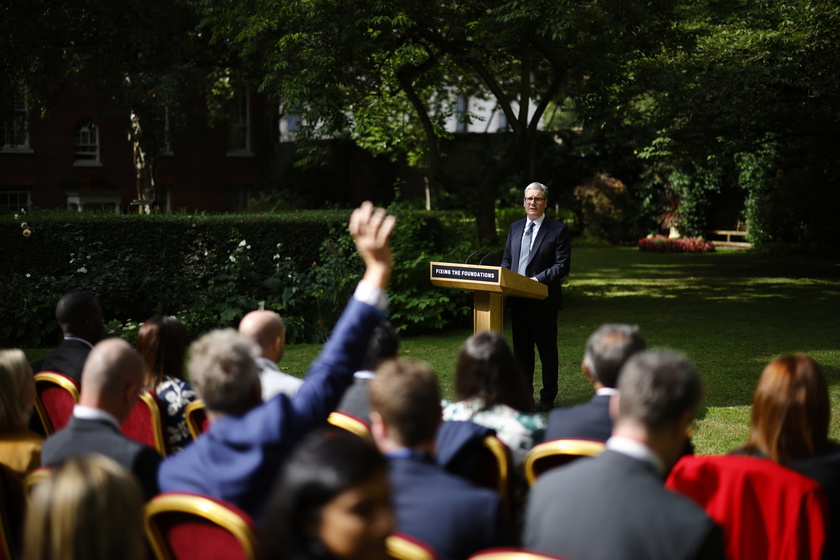 British Prime Minister Starmer gives a speech in Downing Street garden