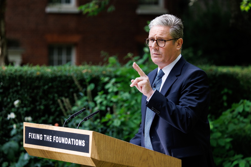 British Prime Minister Starmer gives a speech in Downing Street garden