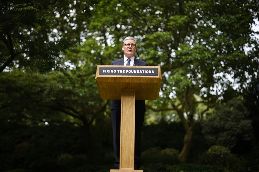 British Prime Minister Starmer gives a speech in Downing Street garden