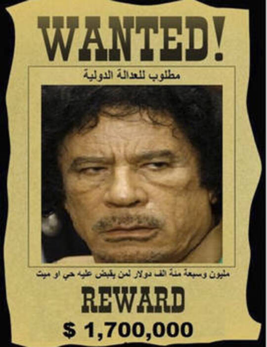 Il poster da film western con la scritta Wanted e con sotto la faccia di Gheddafi e il reward, la taglia da 1,7 milioni di dollari posta dal Consiglio nazionale transitorio © Ansa