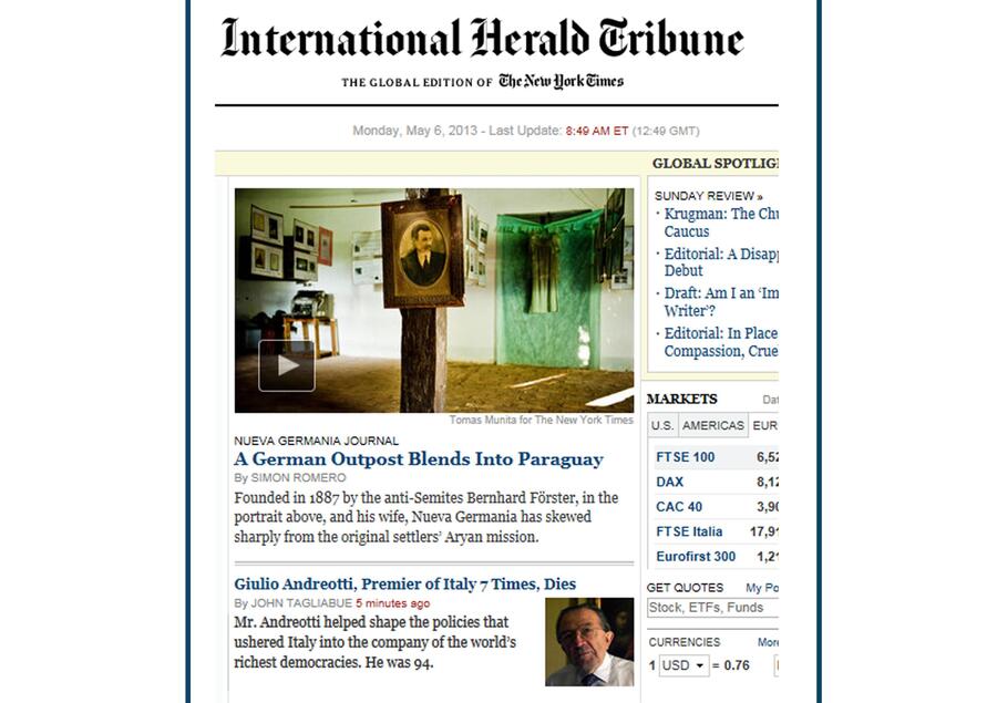 Il sito online dell'International Herald Tribune con la notizia della morte di Giulio Andreotti © Ansa