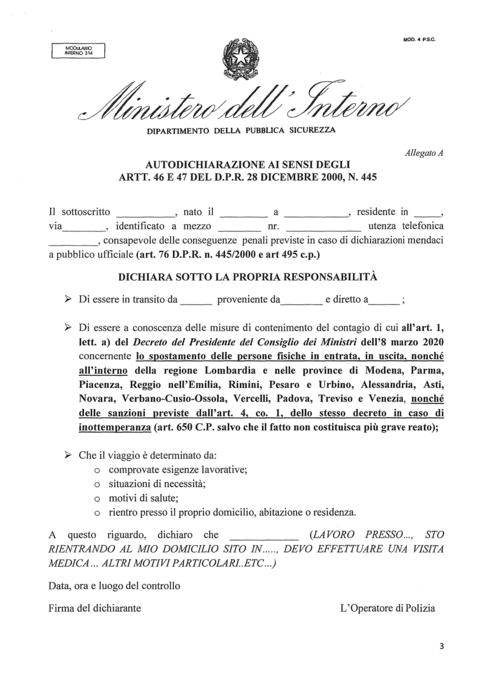 Coronavirus, ecco il modello per l'autocertificazione ...