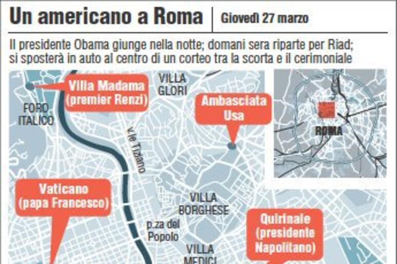 Obama a Roma, il percorso della visita - RIPRODUZIONE RISERVATA