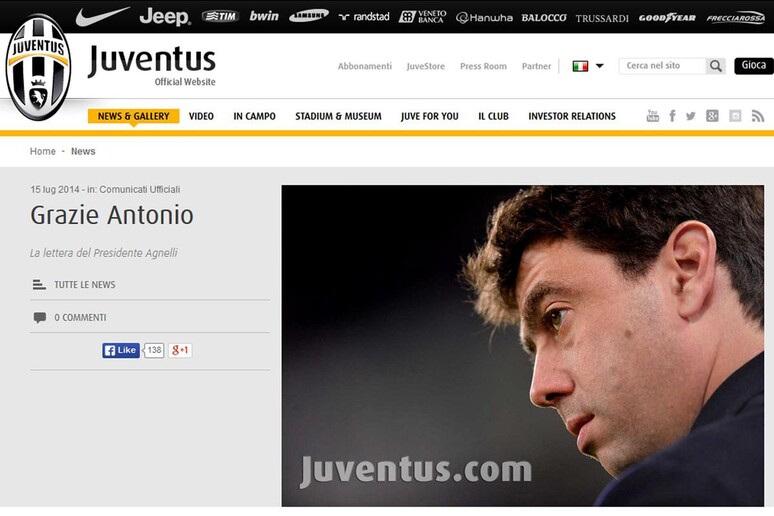 Juve: addio Conte; lettera di Agnelli,  'grande condottiero ' - RIPRODUZIONE RISERVATA