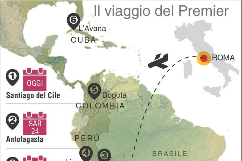 Il programma del viaggio in America Latina del presidente del consiglio Matteo Renzi illustrato dall 'Infografica Centimetri - RIPRODUZIONE RISERVATA