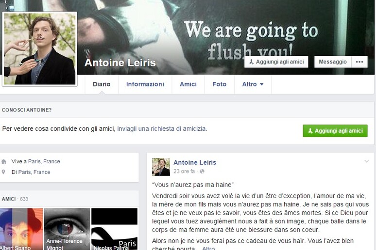 La pagina Facebook di Antoine Leiris - RIPRODUZIONE RISERVATA