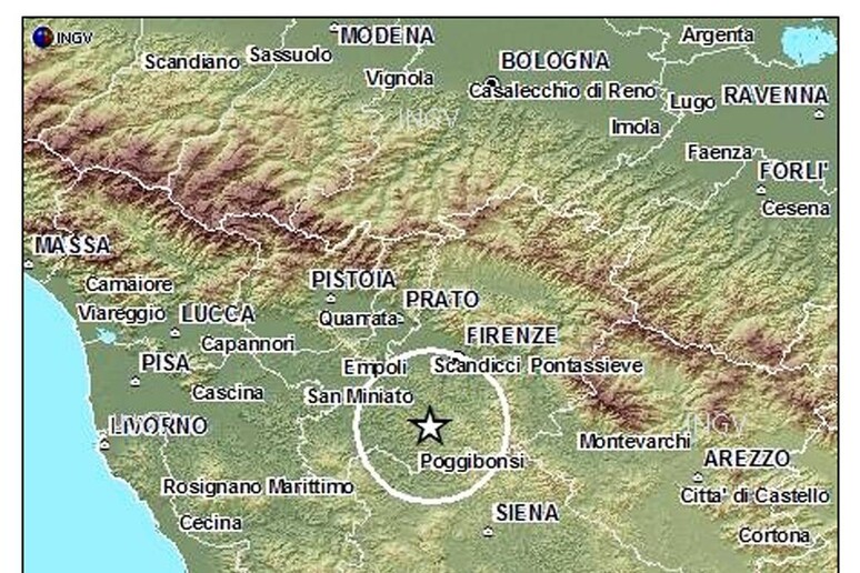 La cartina tratta dell 'Ingv mostra l 'epicentro della scossa di terremoto di magnutudo 3.7 registrata in Chianti e avvertita anche a Firenze, 4 marzo 2015 - RIPRODUZIONE RISERVATA