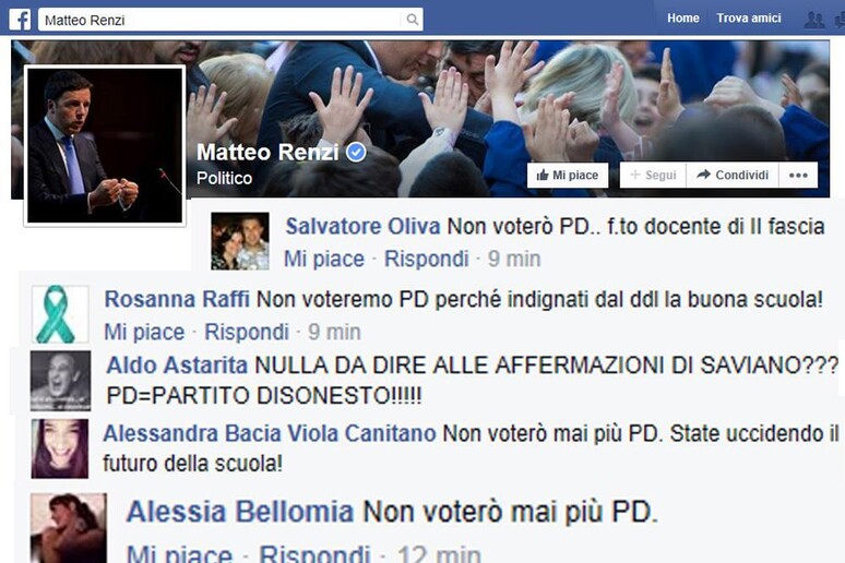 Commenti sul profilo Fb di Matteo Renzi, oggi - RIPRODUZIONE RISERVATA