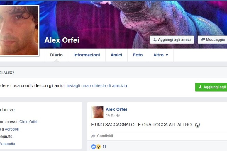 La pagina Facebook di Alex Orfei - RIPRODUZIONE RISERVATA