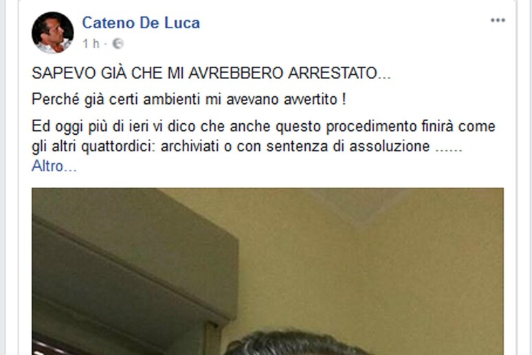 ++ De Luca su Fb, sapevo che mi avrebbero arrestato ++ - RIPRODUZIONE RISERVATA