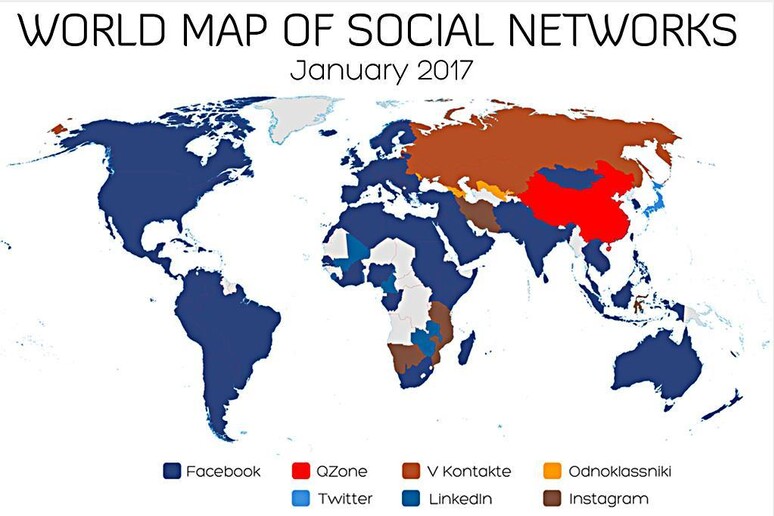 La mappa mondiale dei social network nel 2017 di Vincenzo Cosenza. - RIPRODUZIONE RISERVATA