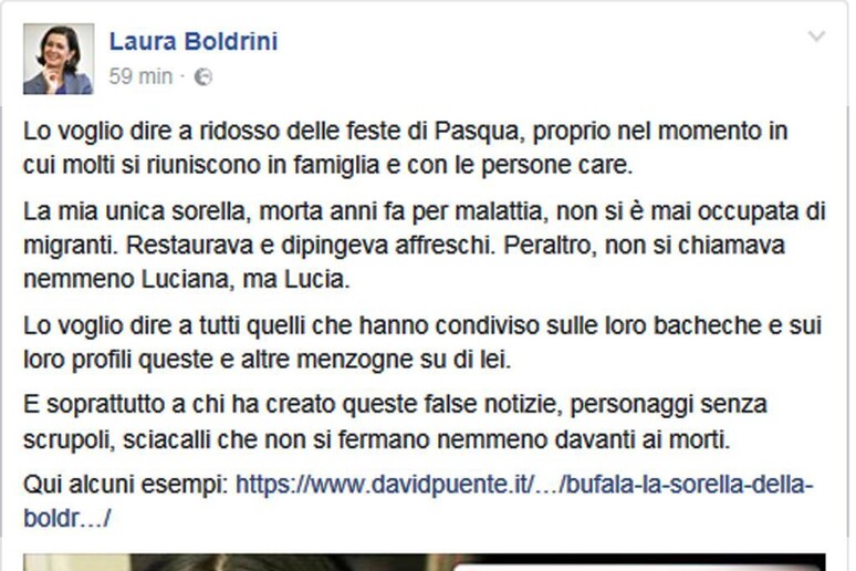Fake news su sua sorella, Boldrini contro  'sciacalli ' web - RIPRODUZIONE RISERVATA