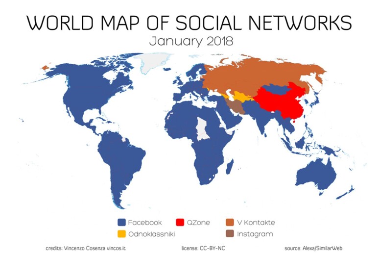 La mappa dei social network nel mondo (credi: Vincos.it) - RIPRODUZIONE RISERVATA