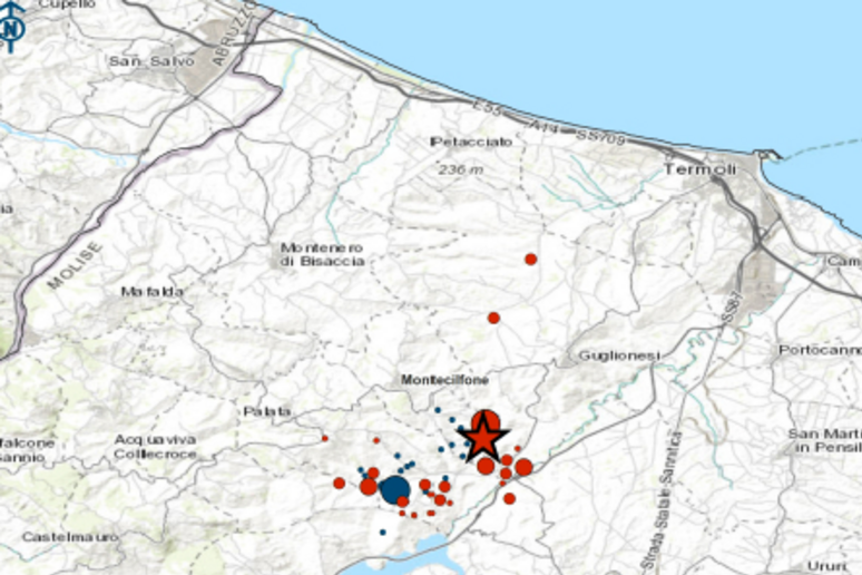 La mappa riporta gli eventi sismici avvenuti nella provincia di Campobasso dal 13 al 16 agosto (ore 23:00). In rosso sono indicati solo gli eventi sismici del 16 agosto (fonte: Ingv) - RIPRODUZIONE RISERVATA