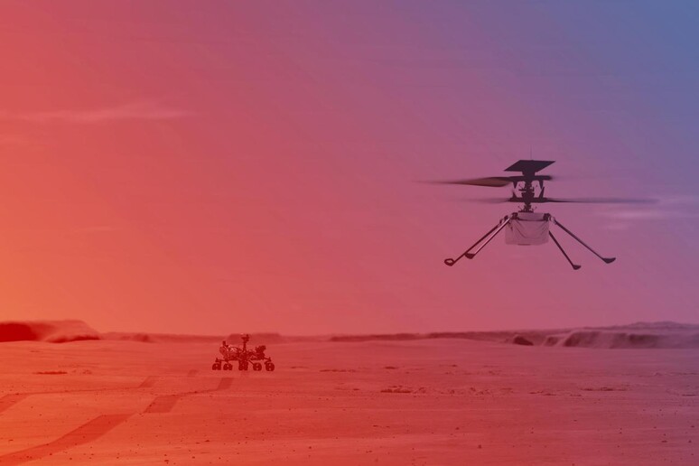 Illustrazione del drone-elicottero Ingenuity e del rover Perseverance su Marte (Fonte: NASA/JPL-Caltech) - RIPRODUZIONE RISERVATA