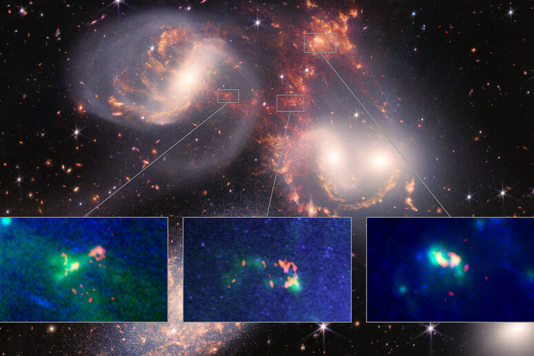 A sinistra, lo strano  'impianto di riciclaggio dell’idrogeno ', al centro la collisione di due nubi di idrogeno, a destra la probabile formazione di una nuova galassia (Fonte: ALMA (ESO/NAOJ/NRAO)/JWST/ P. Appleton (Caltech), B.Saxton (NRAO/AUI/NSF)) - RIPRODUZIONE RISERVATA