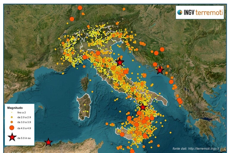 Oltre 16.000 i terremoti registrati in Italia nel 2022 (fonte: INGV) - RIPRODUZIONE RISERVATA