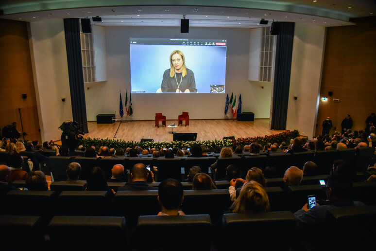 L 'intervento in collegamento video della presidente del Consiglio, Giorgia Meloni, al convegno di Fratelli d 'Italia a Palazzo Lombardia - RIPRODUZIONE RISERVATA