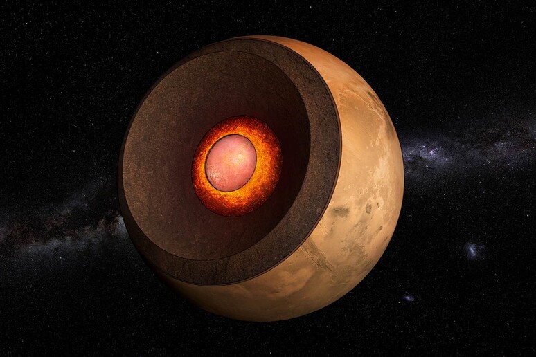 Rappresentazione artistica della struttura interna di Marte (fonte: ©2023 Creative Commons Attribution-NonCommercial-ShareAlike 4.0 International (CC BY-NC-SA 4.0) - Thibaut Roger - NCCR PlanetS - ETH Zurich) - RIPRODUZIONE RISERVATA