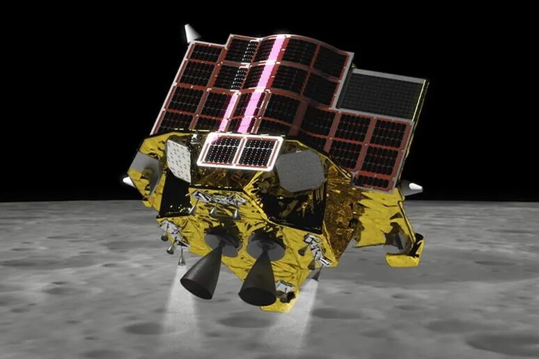 Rappresentazione artistica del lander giapponese Slim sulla superficie lunare (fonte: JAXA) -     RIPRODUZIONE RISERVATA