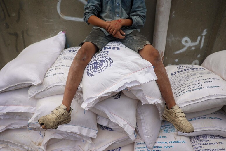 Palestinian child sits on top of sacks of flour at a United Nations Relief and Works Agency (UNRWA) © ANSA/AFP