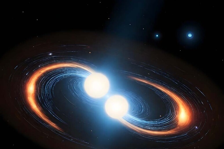 Rappresentazione artistica di due stelle di neutroni vicine alla collisione che le trasformerà in  kilonova (fonte: Clara &amp; Sofía López Martín/Freepik, Alberto J. Castro-Tirado/IAA-CSIC/UMA) -     RIPRODUZIONE RISERVATA