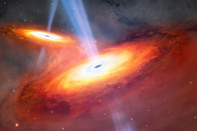 I buchi neri al centro dei due quasar hanno una massa di 100 milioni di volte quella del Sole (fonte: International Gemini Observatory / NOIRLab / NSF / AURA / M. Garlick) - RIPRODUZIONE RISERVATA