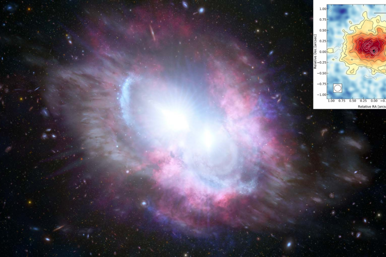Una violenta tempesta di vento in corso all’interno di un quasar (fonte: International Gemini Observatory/NOIRLab/NSF/AURA/M. Zamani, J. da Silva &amp; M. Bischetti) - RIPRODUZIONE RISERVATA