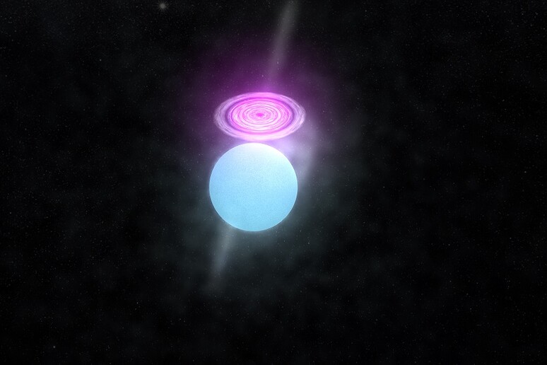 Rappresentazione artistica del sistema binario Cygnus-3 composto da una stella e un buco nero (fonte: Nasa) - RIPRODUZIONE RISERVATA