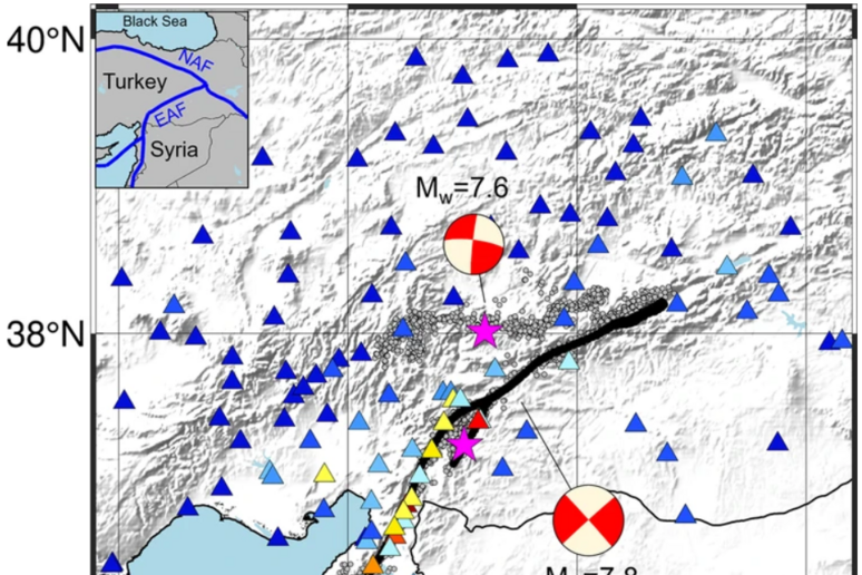 L 'area tra Turchia e Siria colpita dal terremoto del 2023 e la localizzazione delle stazioni sismiche (fonte: Communications Earth &amp; Environment, 2024) - RIPRODUZIONE RISERVATA