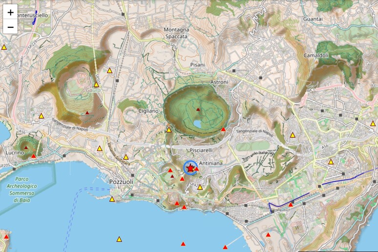 Localizzazione del terremoto di magnitudo 3.6 del 18 luglio 2024. L 'epicentro è  5 chilometri a Est di Pozzuoli e 9 chilometri a Ovest di Napoli (fonte: INGV) - RIPRODUZIONE RISERVATA