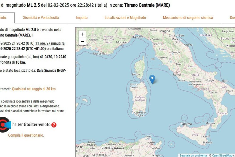 Scossa di terremoto al largo della Gallura, magnitudo 2.5 Non avvertito sulla costa, Olbia a 62 km di distanza - RIPRODUZIONE RISERVATA